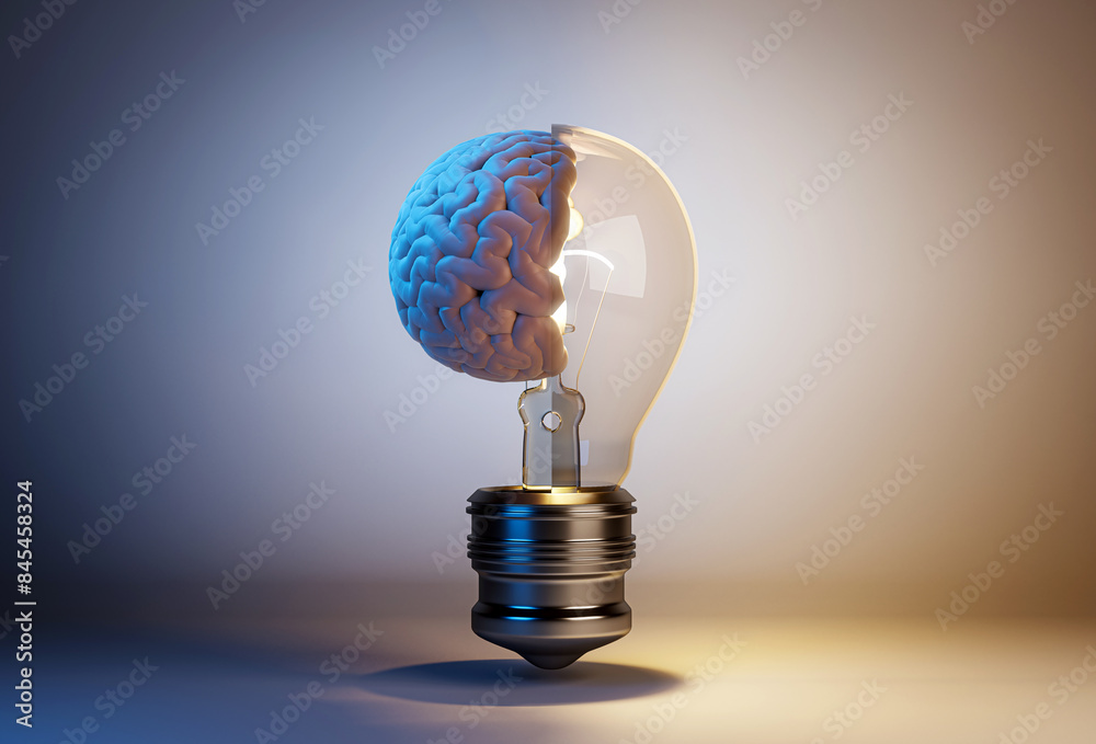Poster a brain integrated into a lightbulb symbolizing innovation, on a gradient background, creative conce