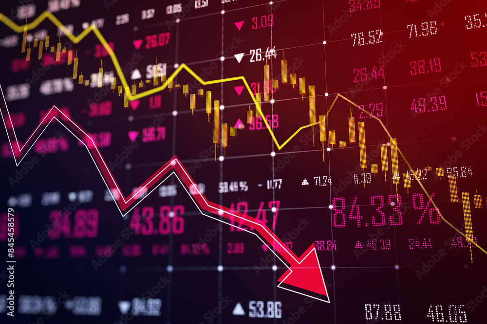 Poster A digital stock market chart with a declining trend line on a dark screen, showing a downturn concept with red and yellow elements. 3D Rendering