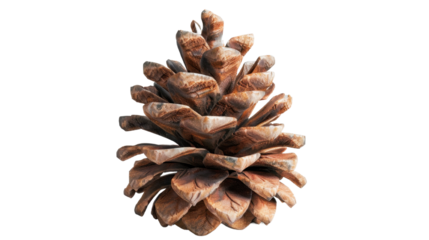 Close-up of a single pine cone isolated on white background, showcasing nature's intricate details and textures.