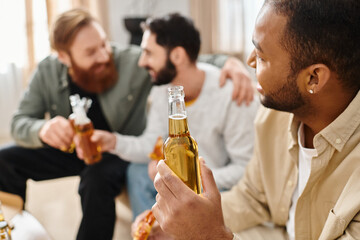 Three cheerful, interracial men in casual attire sitting around a table, bonding over beers and enjoying a good time together.