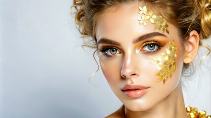 a young woman model with flawless makeup, copy space, banner