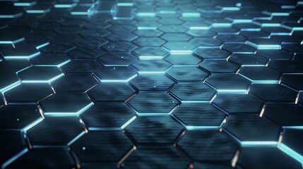 Fototapeta premium Hexagon futuristic mosaic representing a science network. Tech geometry with a metallic grid and glowing cells. Cyber and cyberspace elements with neon highlights, molecular engineering concepts.