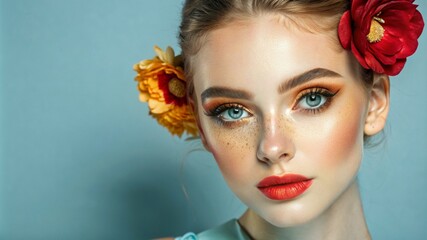 a young woman model with flawless makeup, copy space, banner