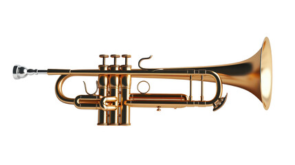 Naklejka premium High-quality image of a golden brass trumpet isolated on a white background, showcasing detailed craftsmanship and shining metallic finish.