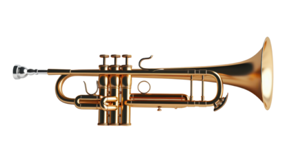 High-quality image of a golden brass trumpet isolated on a white background, showcasing detailed craftsmanship and shining metallic finish.