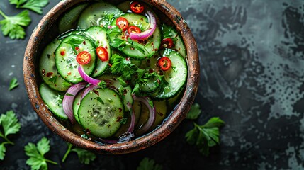 Fototapeta premium A bohemian-inspired salad featuring sliced cucumber, red onion, diced red pepper, and parsley in vinegar