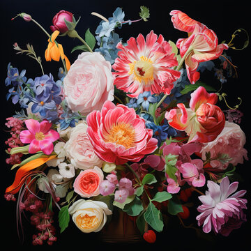 Bright beautiful bouquet of summer flowers on black.