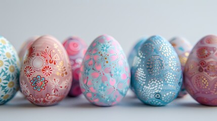 A row of beautifully decorated Easter eggs in soft pastel colors adorned with intricate floral patterns.