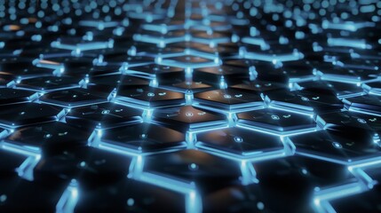Fototapeta premium Hexagon advanced connectivity in cyber grid with neon glow. Futuristic network of high-tech systems, geometric designs and precision engineering. Virtual interfaces, scientific data, innovative tech.