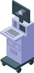 Modern medical ultrasound machine standing on wheels with display showing ultrasound scan results in clinic office