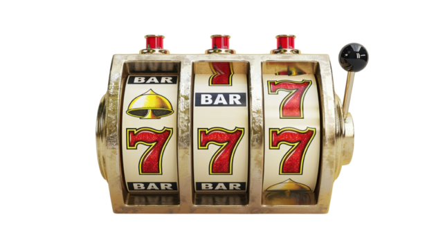Vintage slot machine showing triple sevens and bar symbols. Perfect for casino and gambling themes.