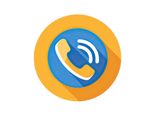 Fototapeta premium A simple icon of a yellow phone receiver with white waves in a blue circle, surrounded by an orange circle. The icon has a long shadow on a white background. Generative AI
