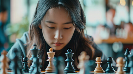 Asian professional chess player plays chess in an international tournament.