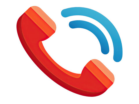 A red phone receiver icon with a blue incoming call signal, isolated on a white background. The icon is in a simple, flat design. Generative AI