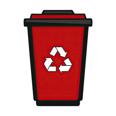 A red recycling bin with a white recycling symbol on a white background. Generative AI