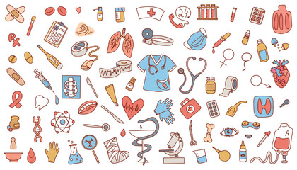 Set of medical products, medicines, clothes, first aid kit in doodle style. Vector illustration