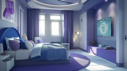 Fototapeta premium Stylish blue and purple teenagers bedroom interior.