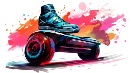 A skateboard with a blue shoe placed on top, 