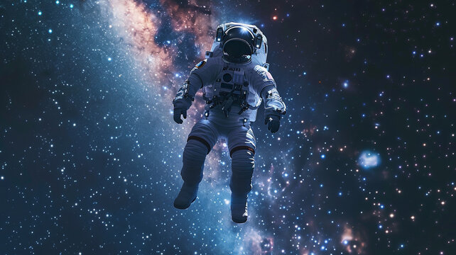 a futuristic astronaut in floating with milky way in the background