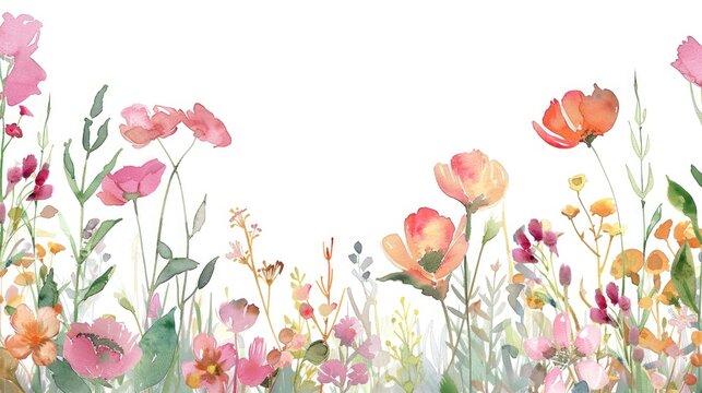 Watercolor floral border on white backdrop with pink and orange wild flowers plants and foliage