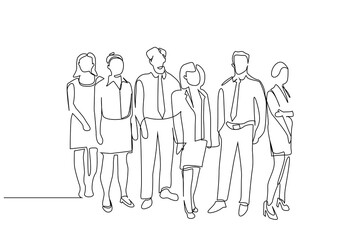 business finance employees people managers together pose office full body length group team one line art design vector
