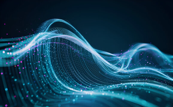 Abstract wave with moving dots and lines. Flow of particles. Cyber technology illustration. - Powered by Adobe