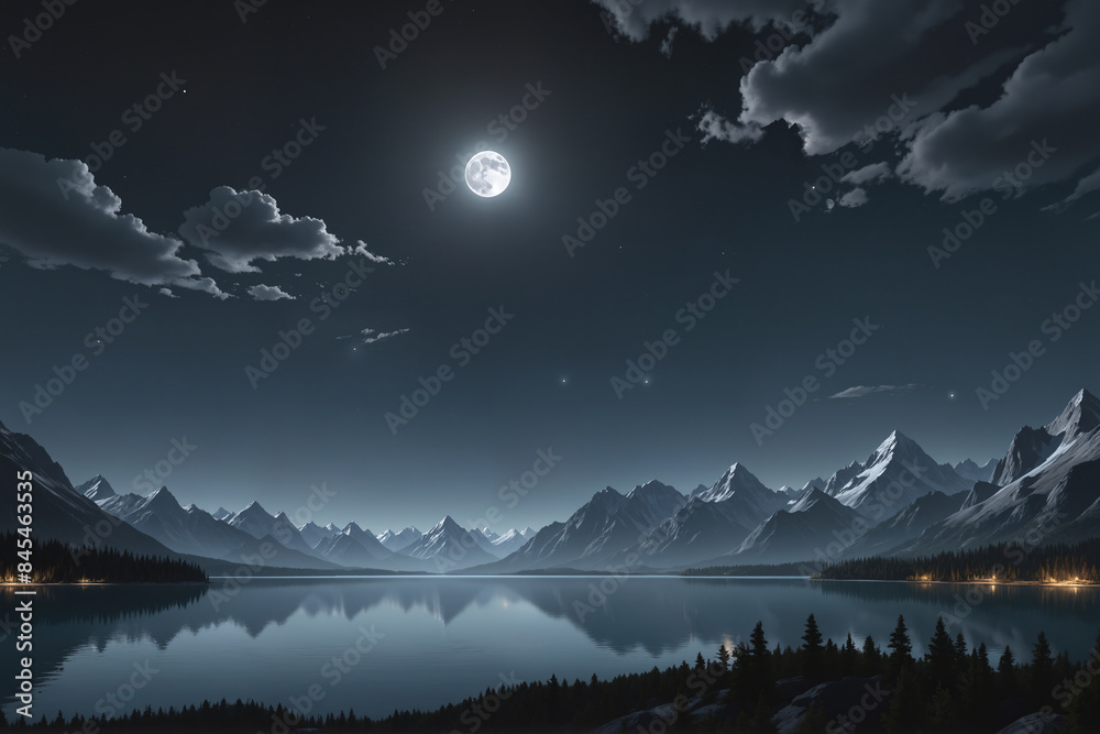 Sticker iew of a mountain range with a full moon in the sky above and a lake