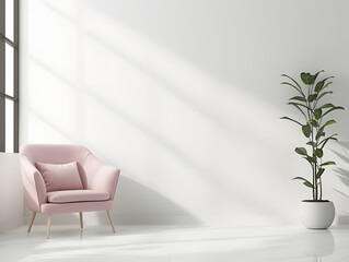 White room with pink chair and blank white wall