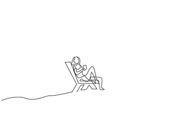 woman relax holiday sun lounger life one line art design vector