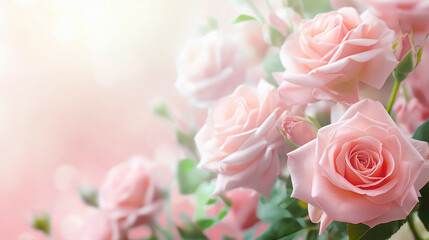 Romantic light pink background, pink roses in the foreground