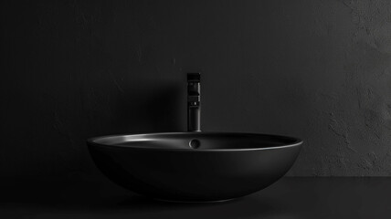 Black round marble sink on a black wall with a faucet in the bathroom