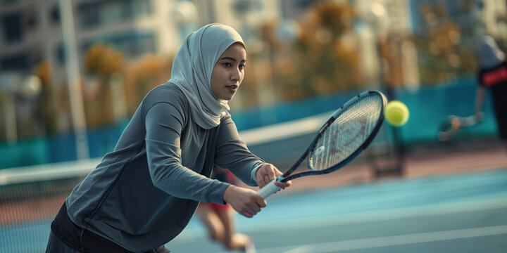 Sporty Hijabi Woman Playing Tennis