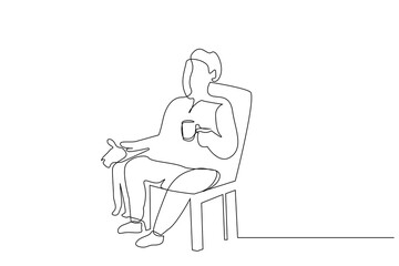 old man home coffee newspaper relax dog life one line art design vector