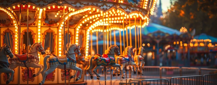 A whimsical carousel with illuminated horses, set against the backdrop of an amusement park at dusk