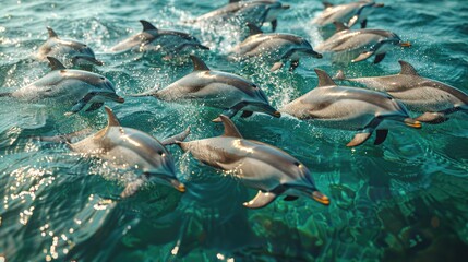 Obraz premium Aerial view of the dolphins slowly swimming in crystal clear calm turquoise waters. Big group of endemic marine mammals migrating along coastline as seen 