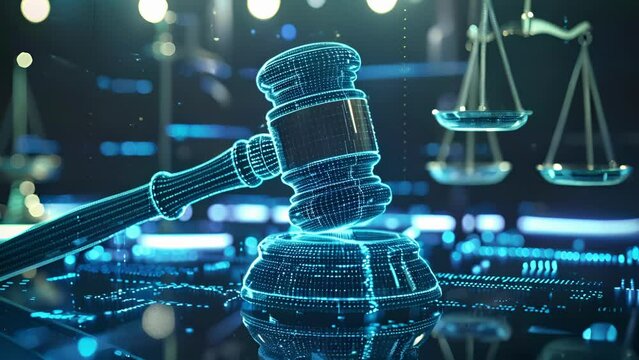 A virtual courtroom where the judges gavel and legal scales are rep with digital representations signifying the growing importance of regulating cryptocurrency in a digital age.
