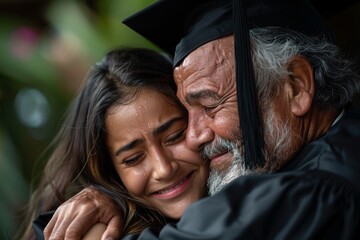 Fototapeta premium Emotional graduate in cap and gown hugging a proud parent, joyful tears, graduation celebration