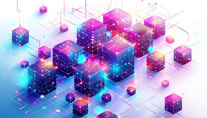 Blockchain technology for design, isometric shining box, database, glass cube dark blue vector background