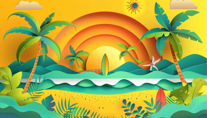 Fototapeta na wymiar Vacation and travel concept. Beach umbrella, beach chair, palm trees, sunset, enjoy