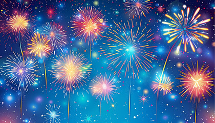 Fototapeta premium Vector set of colorful celebration festive fireworks for holiday, new year party, Xmas, birthday, carnival, Independence day. Firework show in dark evening sky. Pyrotechnics firecracker background