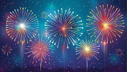 Vector set of colorful celebration festive fireworks for holiday, new year party, Xmas, birthday, carnival, Independence day. Firework show in dark evening sky. Pyrotechnics firecracker background