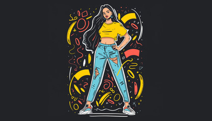 Beautiful young fashion girl. Stylish woman in fashion clothes. Hand drawn girl in casual clothes. Sketch. Vector illustration.