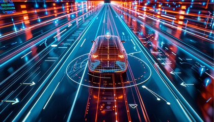 Autonomous car with touch sensors in a futuristic style. A smart vehicle with motion sensors for safe driving. Vector illustration of a holographic transport