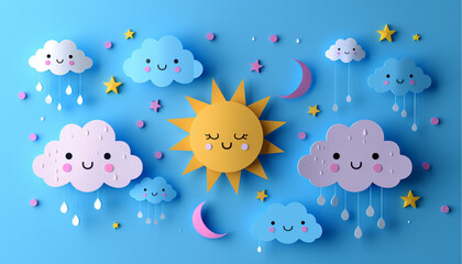 Beautiful fluffy clouds on blue sky background with summer sun, moon,rain. Vector illustration. Paper cut style.