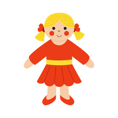 Vector picture of cartoon toy doll in red dress isolated on white background.