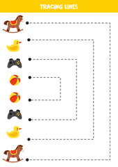 Tracing lines with cute cartoon toys. Writing practice.