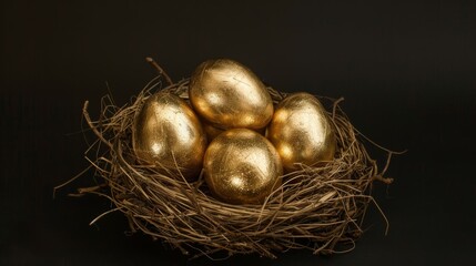 Obraz premium Golden eggs in a nest on dark background with copy space