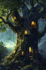 A tree with hidden doors and windows, suggesting secret passages and rooms within its trunk and branches, inviting exploration and the discovery of hidden worlds. 