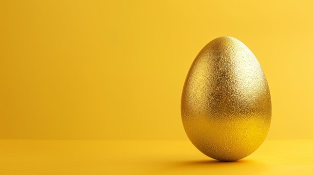 A gold egg sits on a yellow background with copy space, abstract business concept