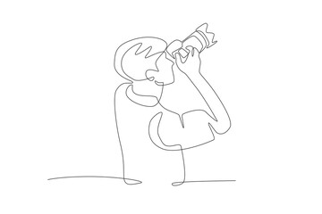 Male photographer taking photos facing upwards. World photography day concept one-line drawing